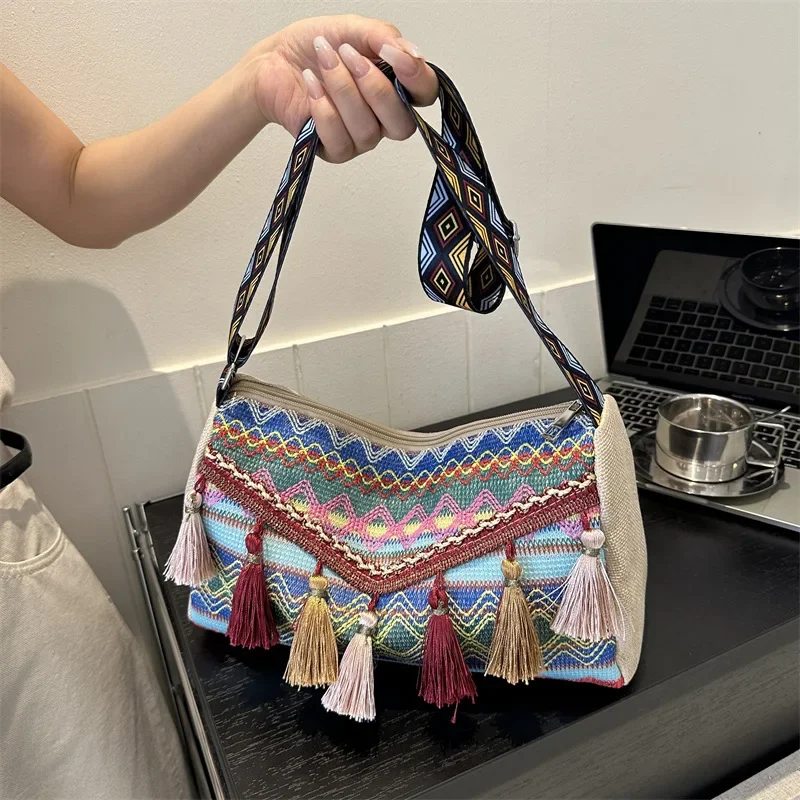 Ethnic style fashion fringed small bag versatile ins shoulder messenger bag wide shoulder strap women's bag