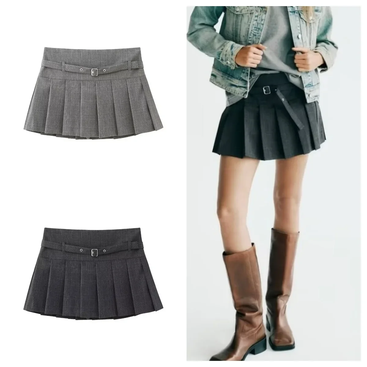 

TRAF Women Fashion with Belt Pleated Shorts Skirts Vintage High Waist Side Zipper Female Skort Mujer New Harajuku Casual Clothes