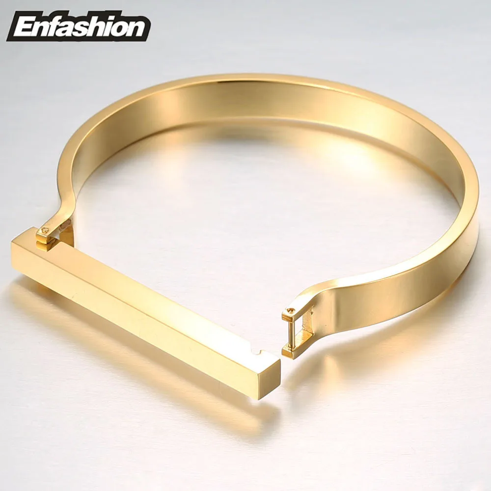 Enfashion Personalized Custom Engrave Name Flat Bar Cuff Bracelet Gold Color Bangle Bracelets For Women Bracelets Bangles