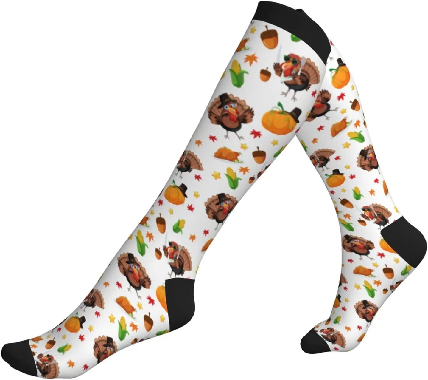 Kaus Kaki Kompresi Hari Thanksgiving Motif Labu dan Ayam, Kaus Kaki Penyangga Setinggi Lutut untuk Wanita Pria, untuk Lari, Olahraga, dan Mendaki