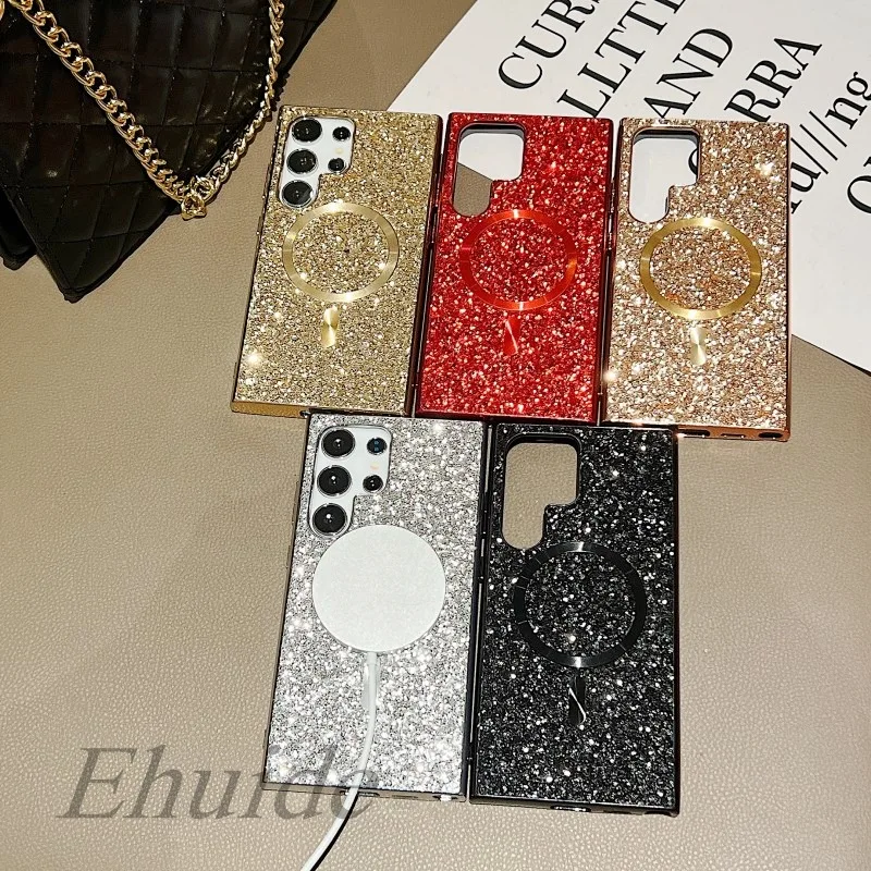 حافظة لامعة مغناطيسية لهاتف سامسونج جالاكسي S24 Ultra S24 Plus S24Ultra S24P غطاء مطلي بلاستيكي صلب مقاوم للصدمات