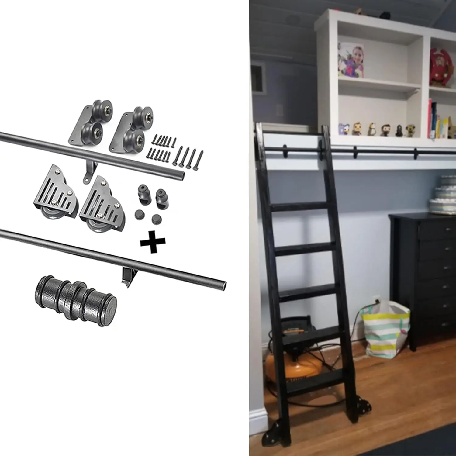 Sliding Barn Door Kit Sliding Ladder Library Full Set Hardware Rolling Track(No Ladder),With Floor Roller Wheels (16Ft/500Cm