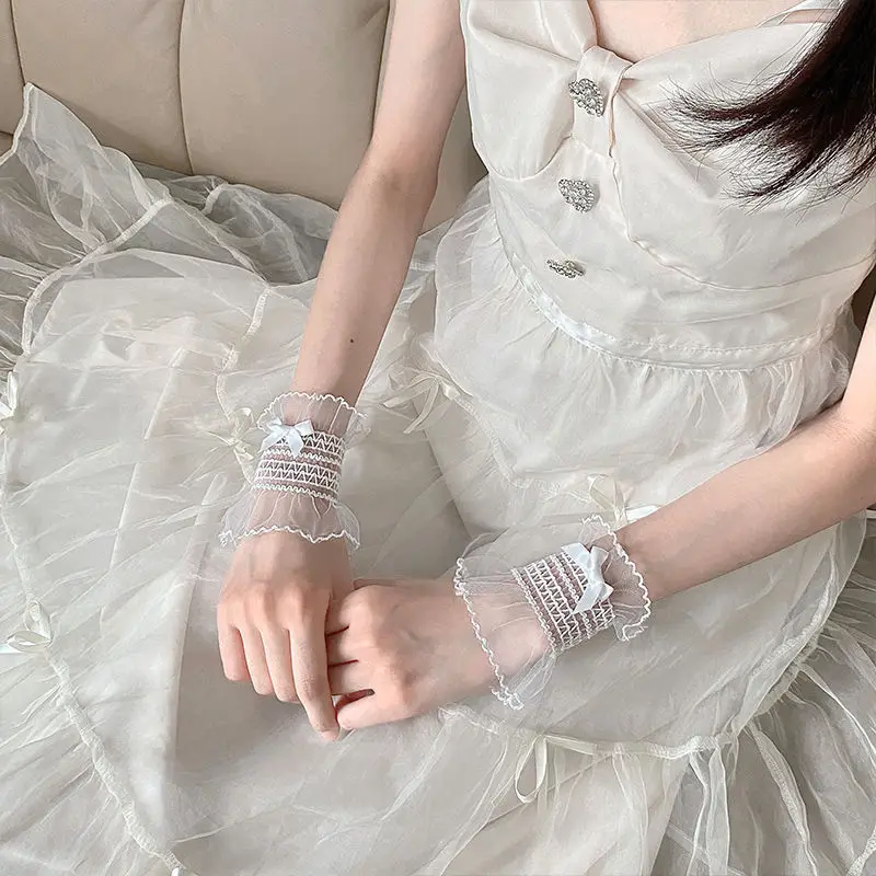 Lolita Kawaii Elastic Oversleeve Women Bow Japanese Sweet Short Arm Sleeves Lace Wrist Cuffs Bracelets Black White Oversleeve