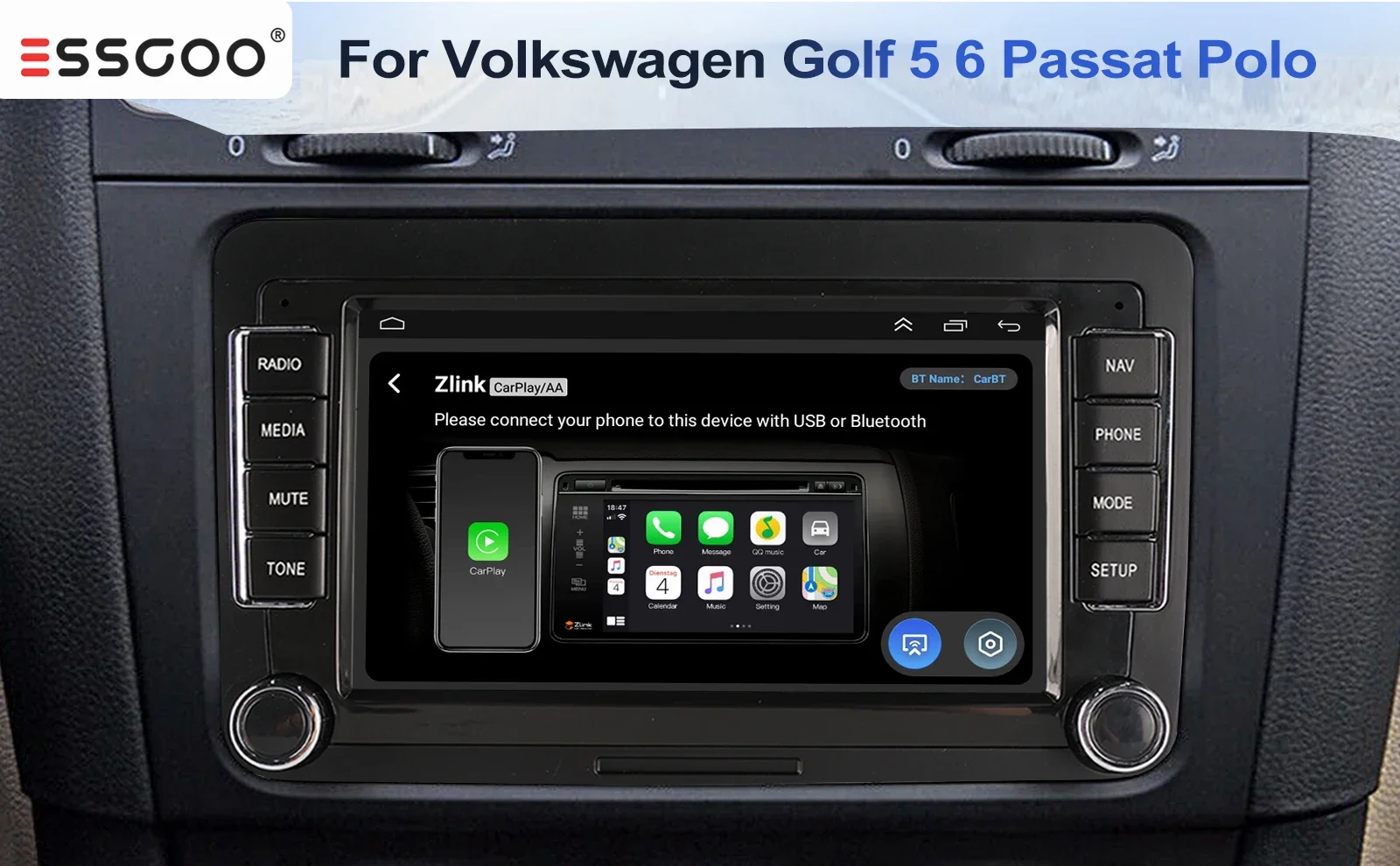 ESSGOO 7" Android 15 64G Wireless Carplay Android Auto für VW Touran Polo Caddy EOS Tiguan 6R Passat Jetta Golf Rabbit T5 Sharan Autoradio GPS-Navigation FM BT WiFi RDS SWC Mirror Link AI Voice Multimedia-Video-Player IPS Touchscreen – Detail 1