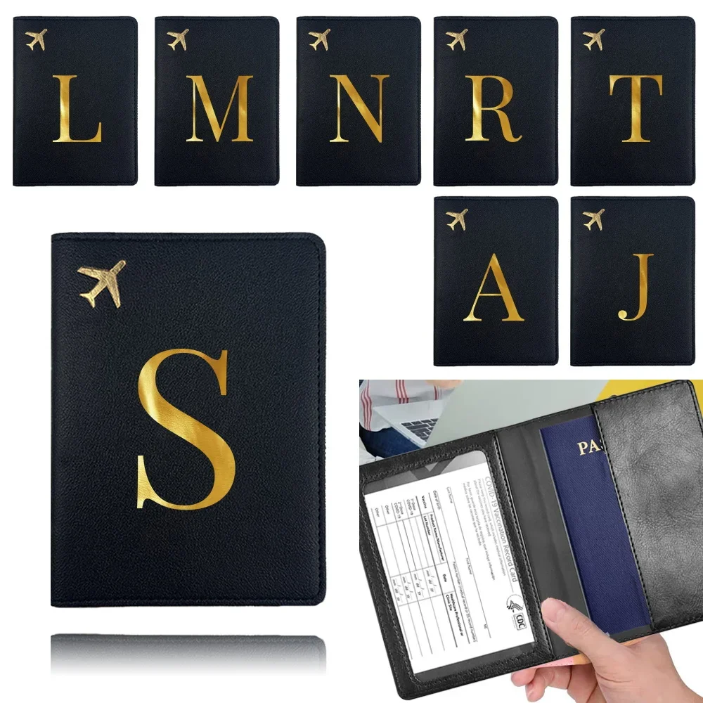 

Portable Travel Passport Case Women Men Credit Card Organizer Cover Gold Letter Pattern PU Airplane Travel Passport Cover Desk