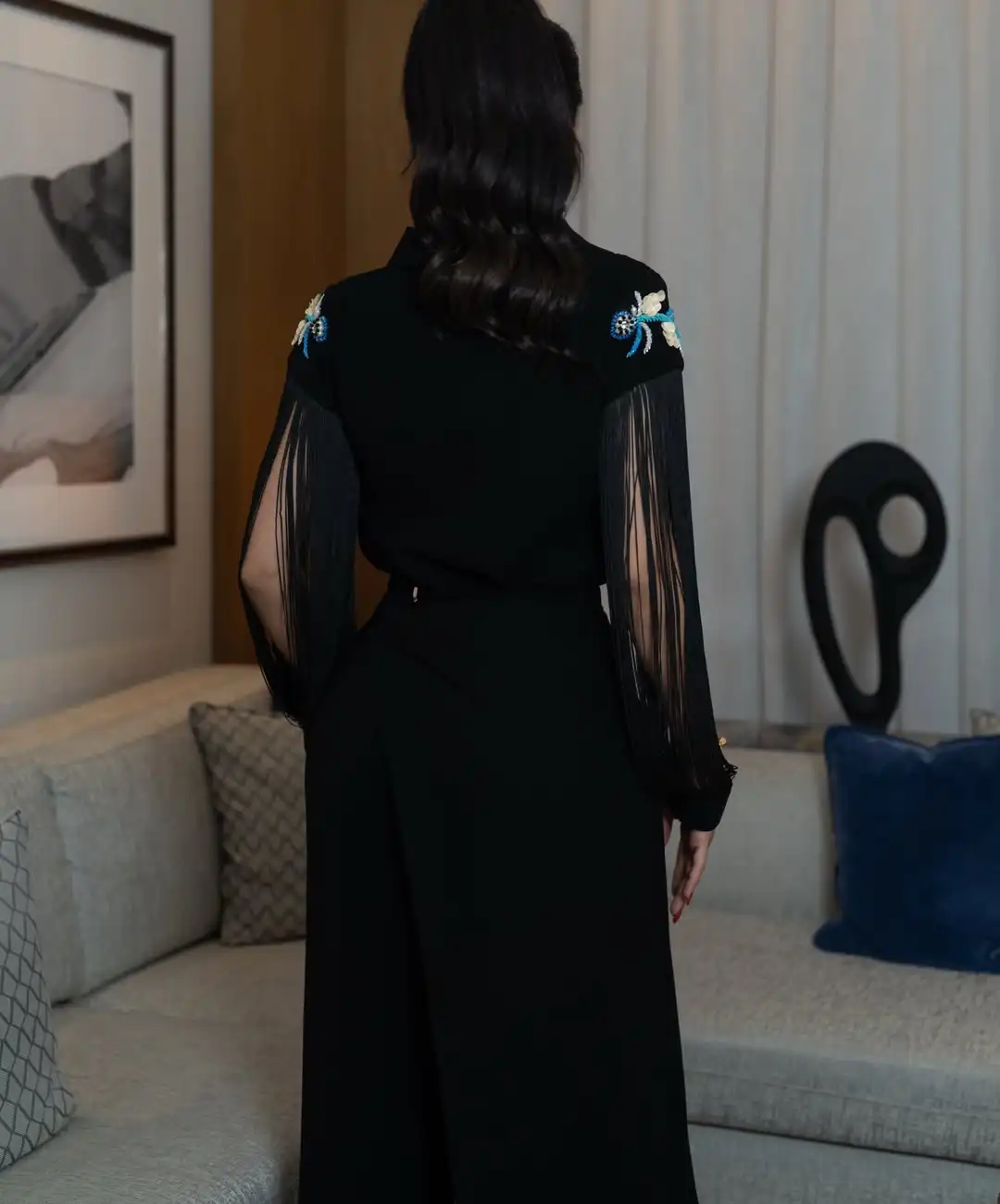 Customized Black Arabic Two‑Piece Party Outfit Collared Tassel Long Sleeve Evening Dress Sequin Floral Embroidery Formal Suit