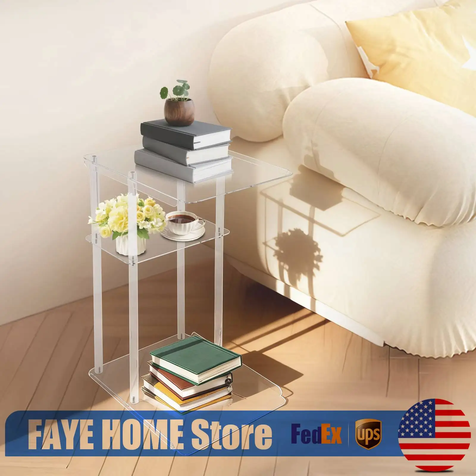 Acrylic End Table, 3 Layer Side Table 40x30x63cm with 11 lbs Load Capacity, Modern C-Shape Bedside Sofa Table