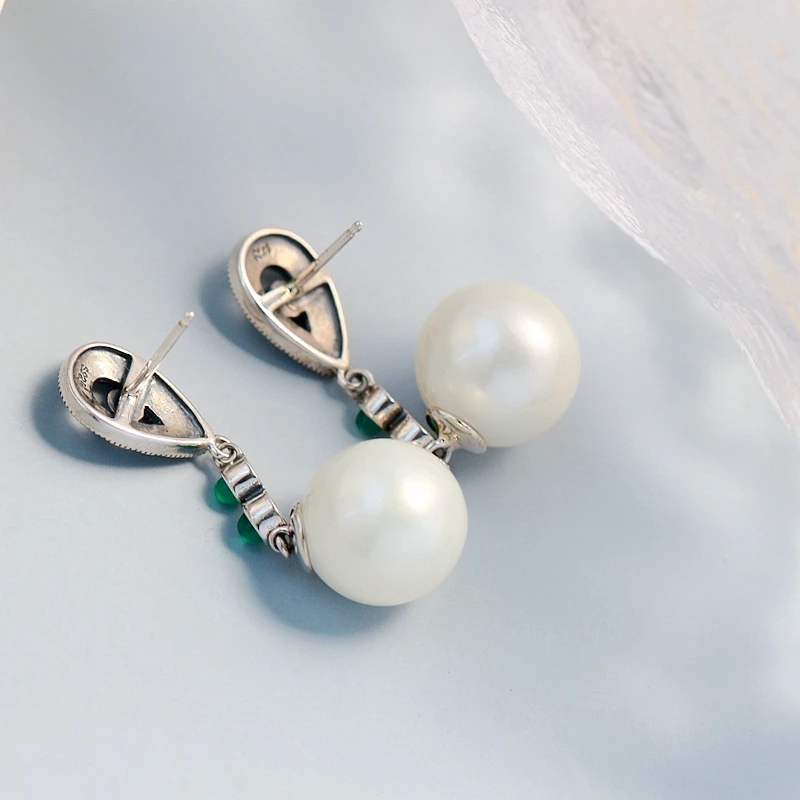 Authentic 925 Sterling Silver Earring Lady Retro Style Thai Silver Inlaid Imitation Pearl Earring Concise Trendy Jewelry Gift