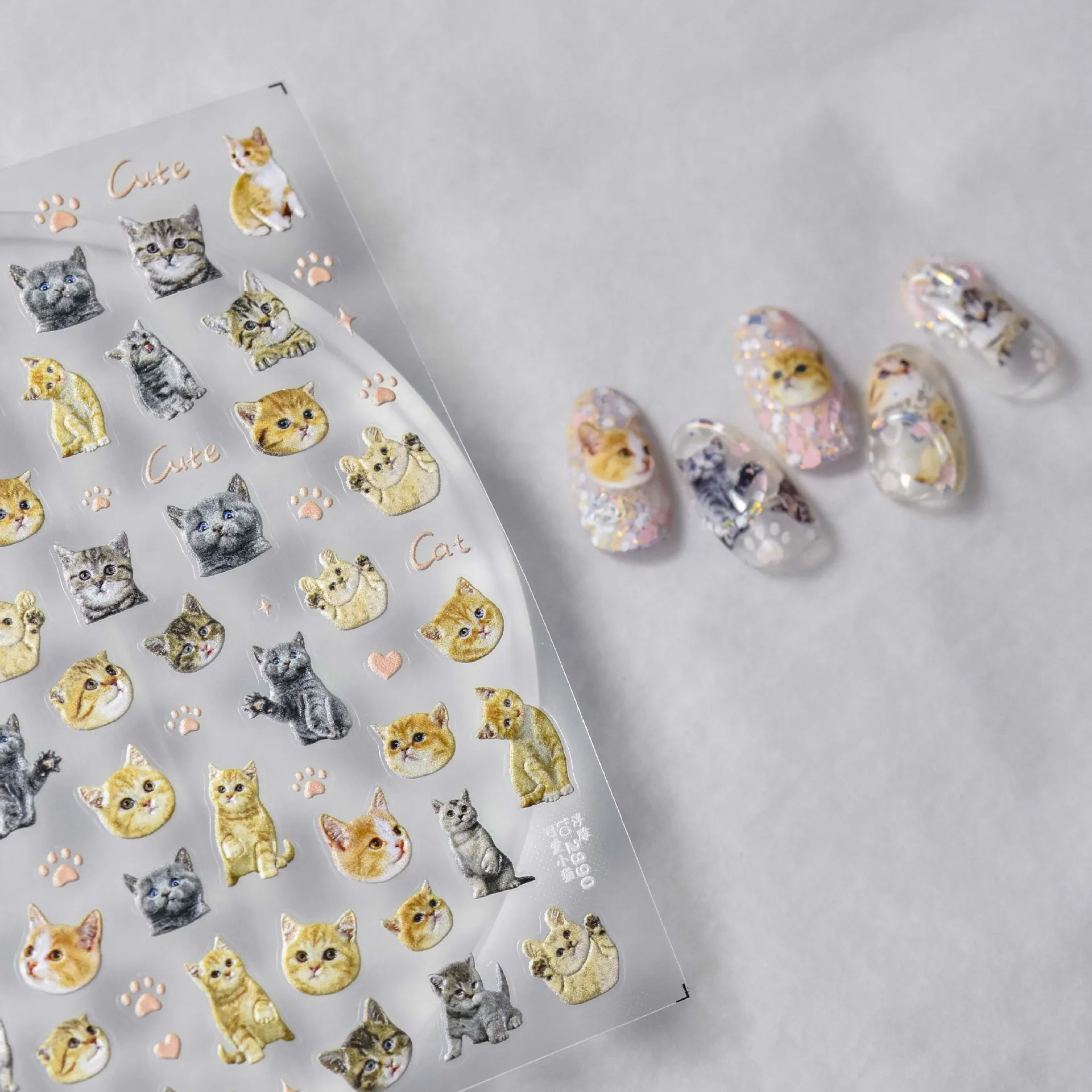 1 Sheet Nail Sticker High Quality Little Cat Butterfly Embossing Design Adhesive Nail Art Decoration T-2890