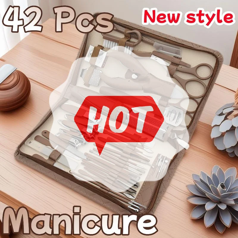 

42 Pcs Nail Clipper Kit Zipper Leather Bag Stainless Steel Manicure Set Manicure For Fingernails Toenails Manicure Tools