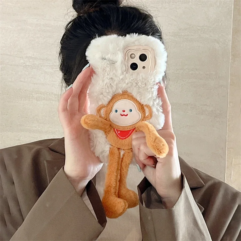 Warm Plush Hair Fluff Toy Soft Phone Case Cover For Huawei Mate 60 50 40 30 Pro Cute Pull the monkey cartoon Back Cover Case