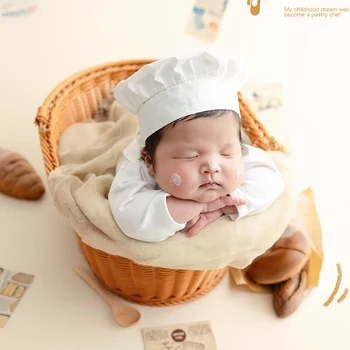 신생아 사진 의류 아기 사진 크리 에이 티브 요리사 점프 슈트 + 모자 세트 시뮬레이션 빵 계란 비터 유아 Photoshoot Accessorie