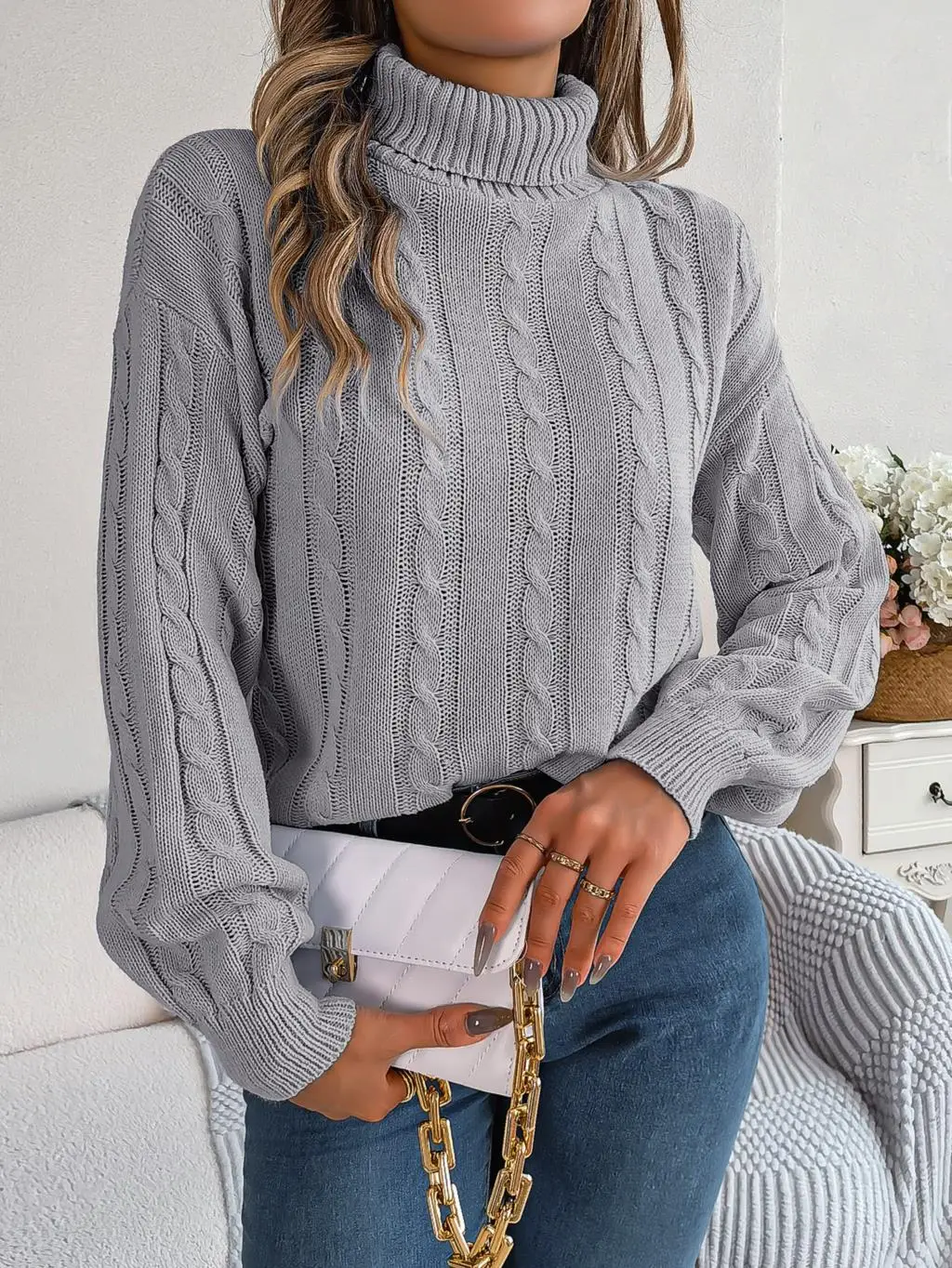 

FICUSRONG Autumn Winter Knitted Sweater Leisure Solid Twist Jumper Women Lantern Sleeve Turtleneck Pullover