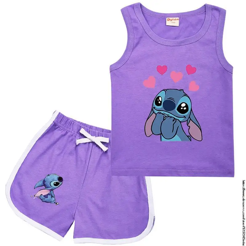 Disney Stitch abbigliamento sportivo vestito bambini moda tempo libero senza maniche ragazze gilet + t-shirt 2 pezzi set bambini primavera estate