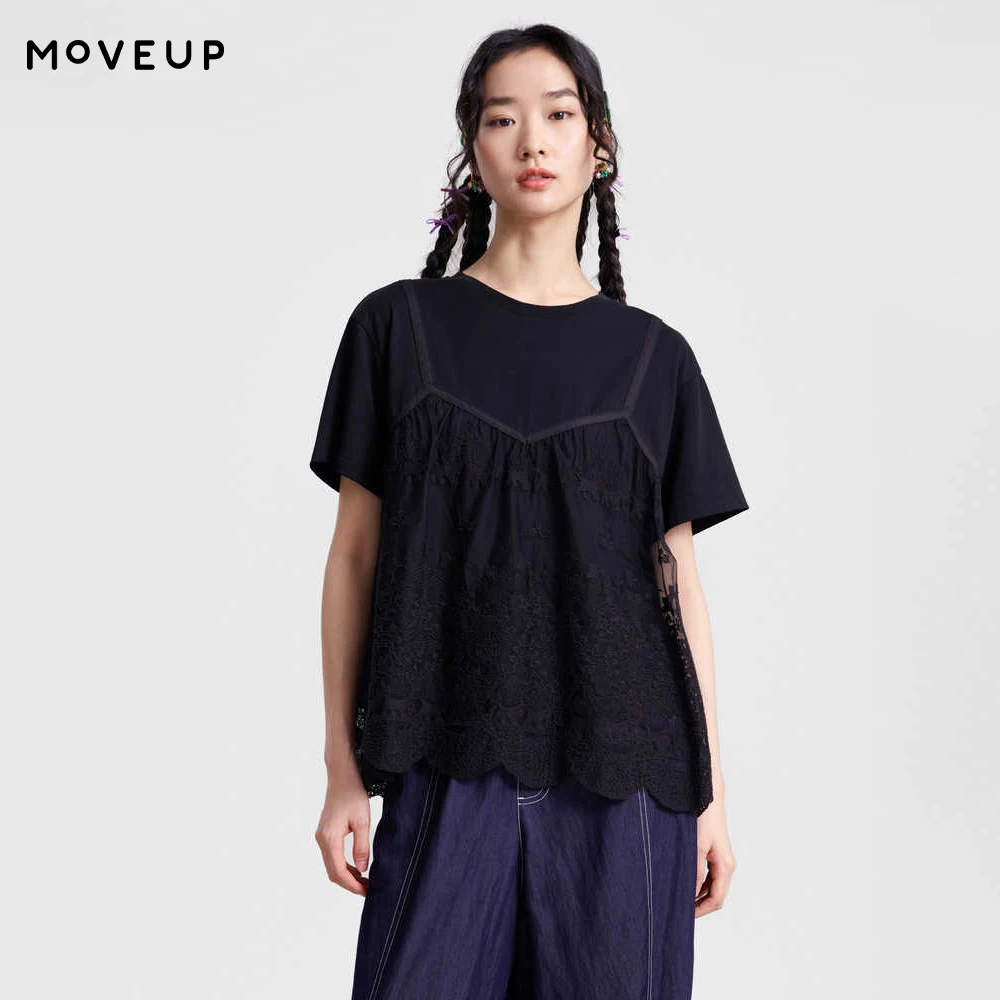 MOVEUP Crew Neck Cropped T-Shirt Women 2026 Spring New Fashion Fake Two-Piece Lace Patch Loose Casual Short Sleeve Top 3ELC10568