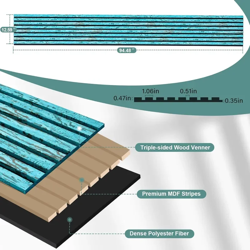 Wood Slat Acoustic Panels 94.5 x 12.6 Inch Turquoise 2 PCS