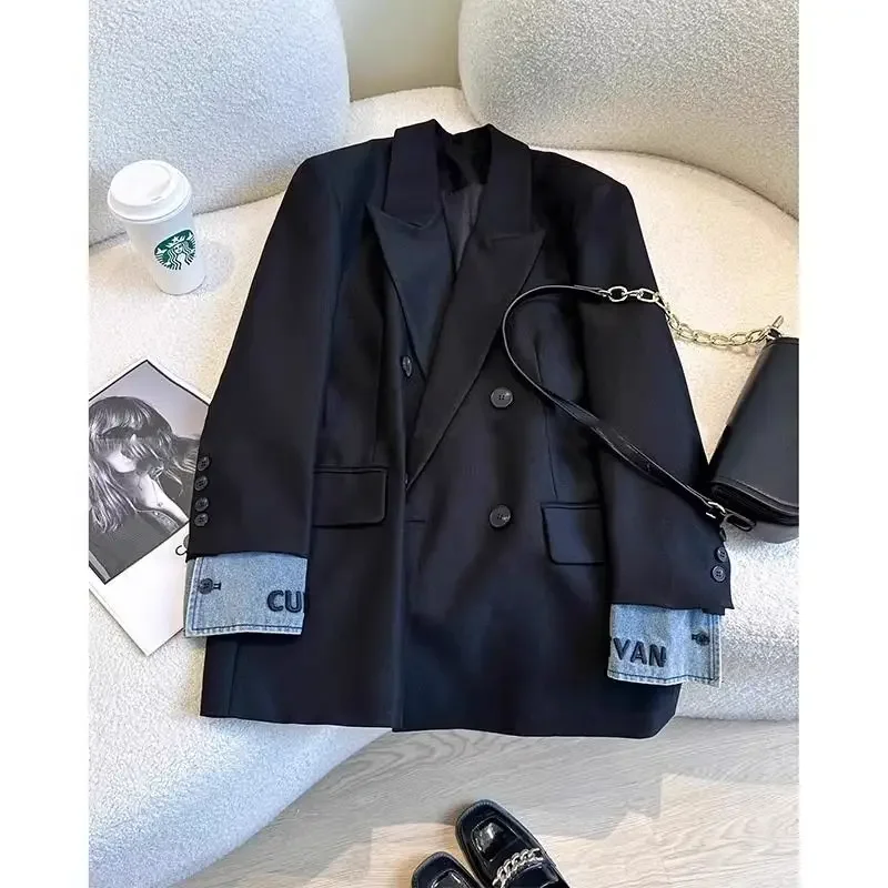 Korean Fashion Clothing High end Black Suit Jacket for Women Autumn American Casual Loose Splicing Commuter Blazers Women Top