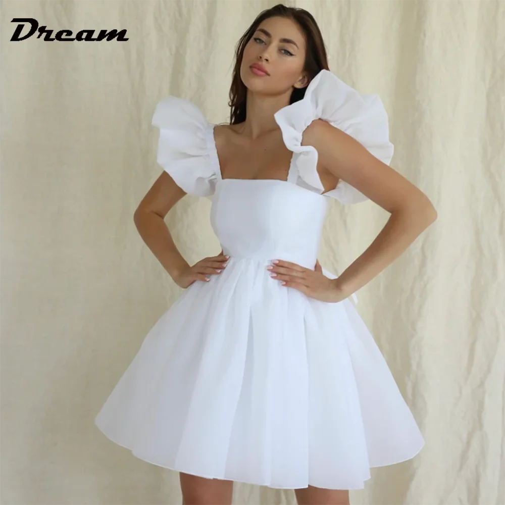 

DREAM Ruffles Spaghetti Straps Mini Short Bridal Dress Lace Up Back Simple Sleeveless Above Knee Length Wedding Gown