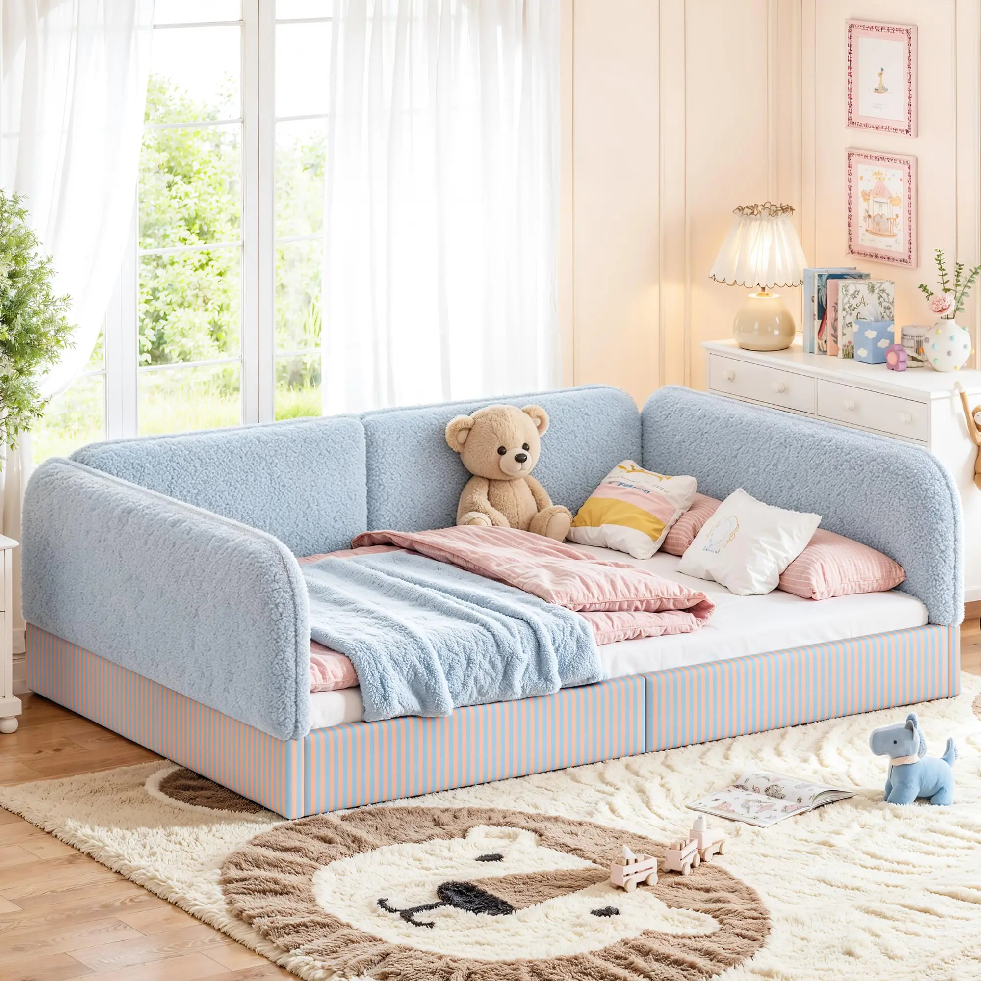 Full Size Upholstered Floor Bed for Kids, Montessori Bed Frame with Safety Guardrails, No Box Spring Needed, Blue
