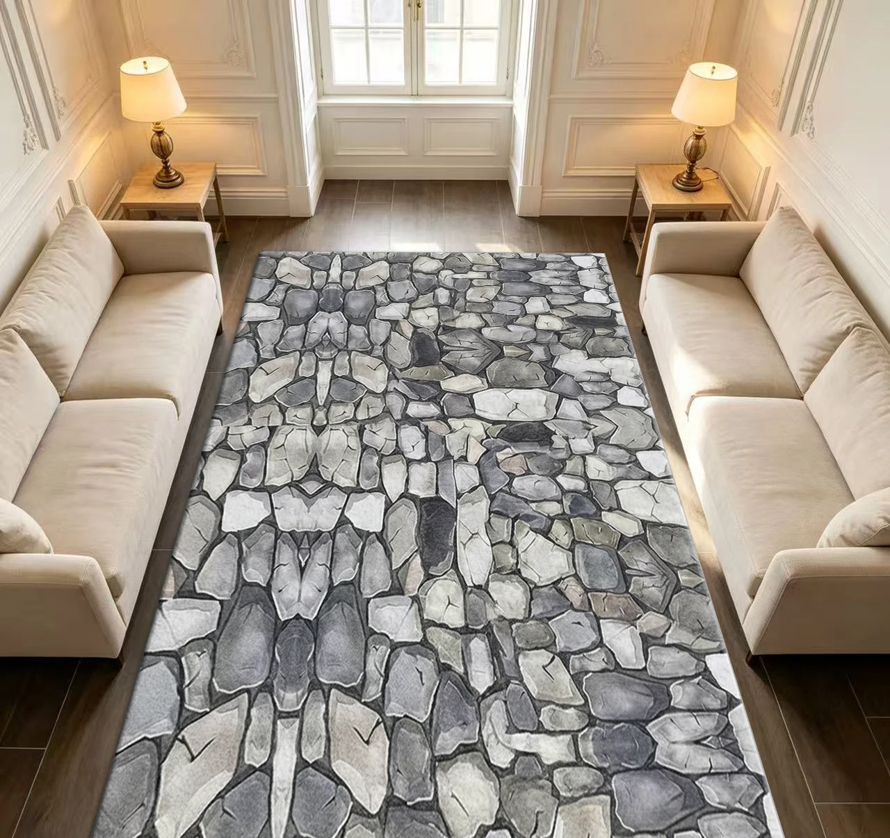 Gray Stone Pattern Carpet with Antique Cobblestone Print, Suitable for Entryways, Living Rooms, and Home Interior Decoration