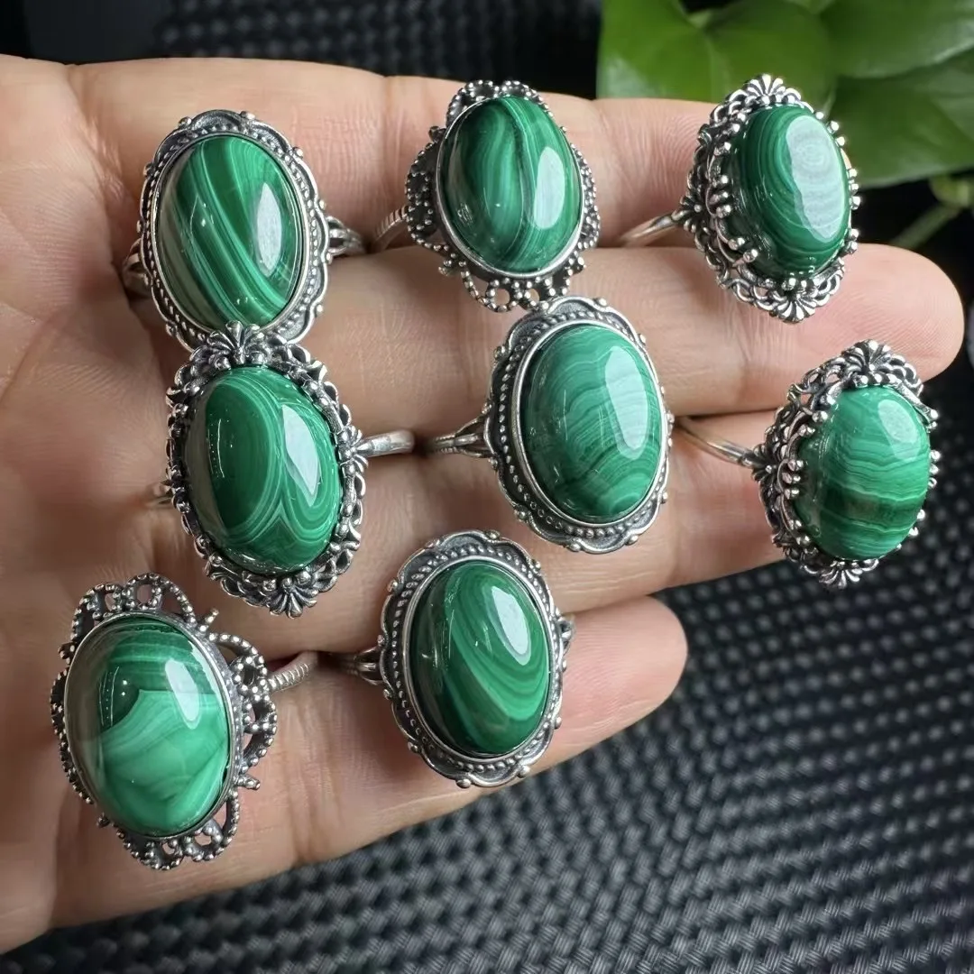 1 Pc Fengbaowu Natural Malachite Oval Cabochon Ring 925 Sterling Silver Reiki Healing Stone Fashion Jewelry Gift For Women Men