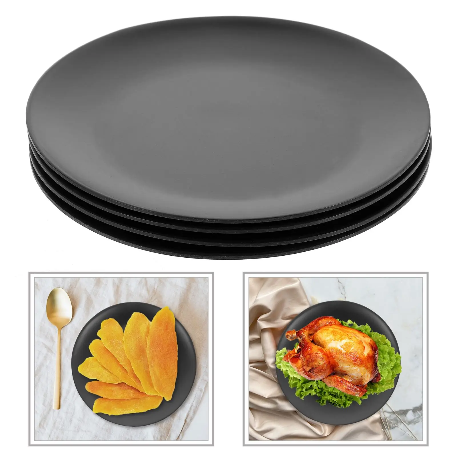 

4pcs Round Melamine Dinner Plates Black Flat Bottom Anti-Fall Melamine Dish Food Snacks Sushi Steak Tray Dessert Salad Plate