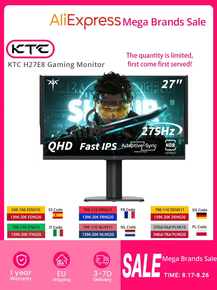KTC H27E8 Gaming-Monitor, 27-Zoll-2560×1440-Fast-IPS-Bildschirm, 240 Hz Bildwiederholrate & 275 Hz OC, 1 ms MPRT-Reaktionszeit, HDR400, FreeSync- und G-Sync-kompatibel, Low Blue Light & flimmerfrei,