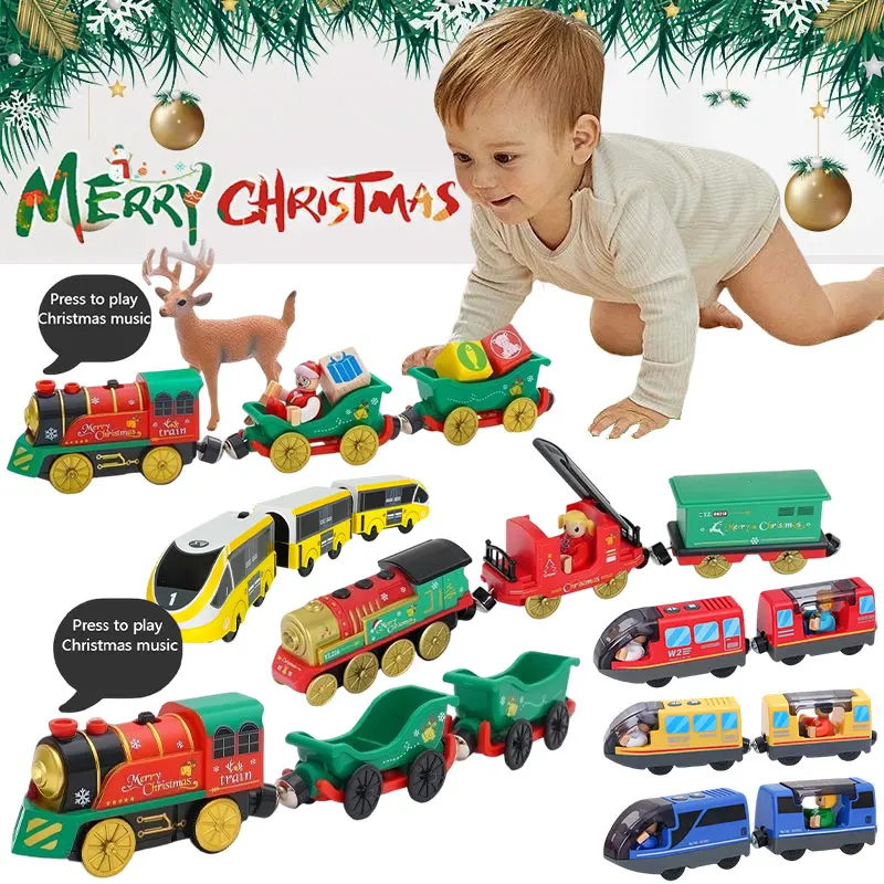 New Christmas Electric Magnetic Train Christmas Music Luminous Train Compatible All Brand Wooden Train Track Toys Birthday Gifts