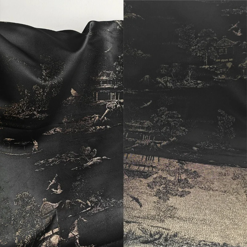 Tela Brocada Jacquard con Hilo Dorado, Bordado de Paisaje de Montaña y Agua, Estilo Chino, para Chaqueta Hanfu, Venta al Por Mayor