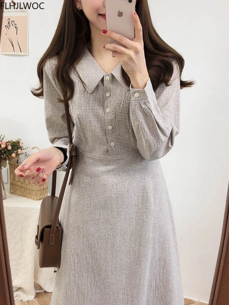 Cotton Vintage Dresses Latice Women Long Sleeve Bow Tie Ribbon Design Preppy Korea Japan Style Plaid Dress Long Cute 8123