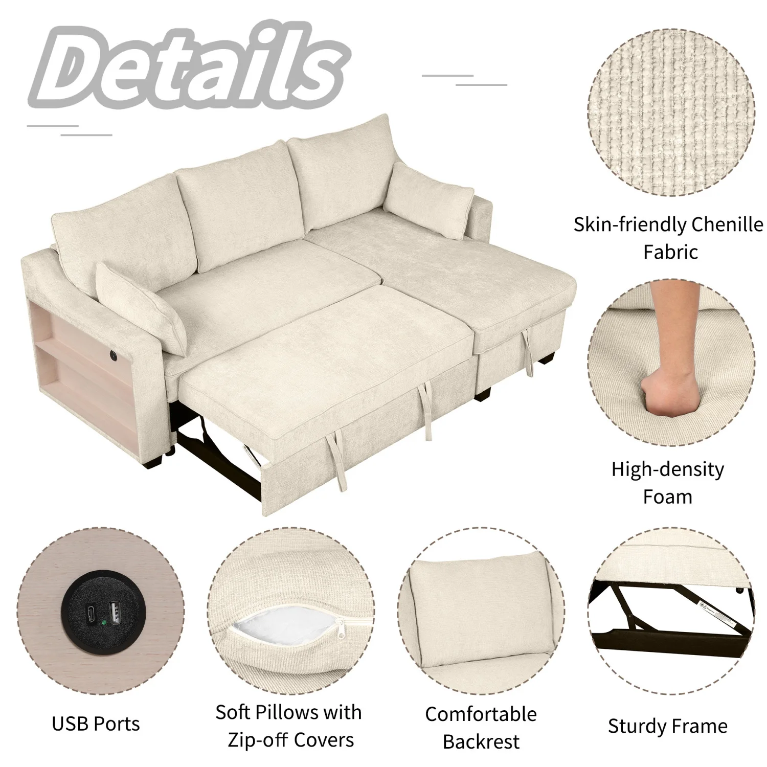 Pull Out Sleeper L-Shaped Couch Convertible Sofa with Storage Chaise, Racks, USB Ports - Beige