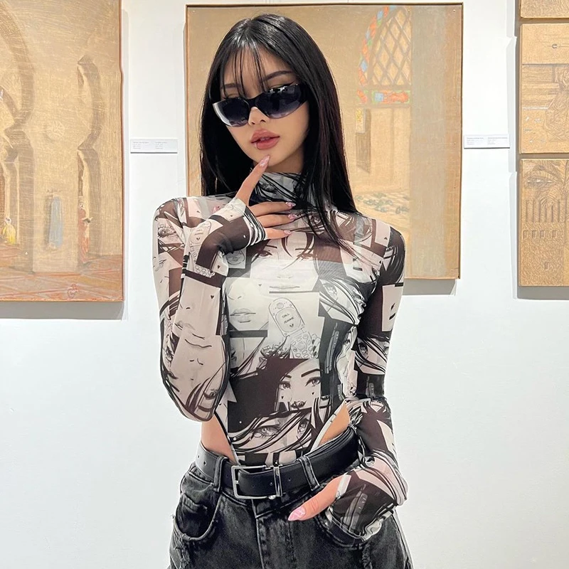 Mesh See-Through Bodysuit Women Cartoon Printed High Waist Summer Sheer Stretchy Hand Hole Sleeve Fashion T-Shirt Women's Top