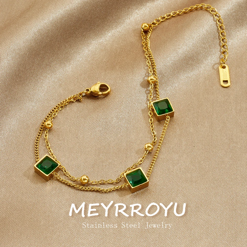 MEYRROYU 316L Stainless Steel Green Crystal Inlay Cube Beads Charm Bracelet Women Deep Fascinating Wrist Chain Jewelry Gift