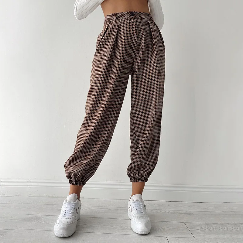 

Women Vintage Streetwear Autumn and Winter New Style 2022 Women Joggers Sweat Pants Check Pattern Beam Leg Loose Casual Pants