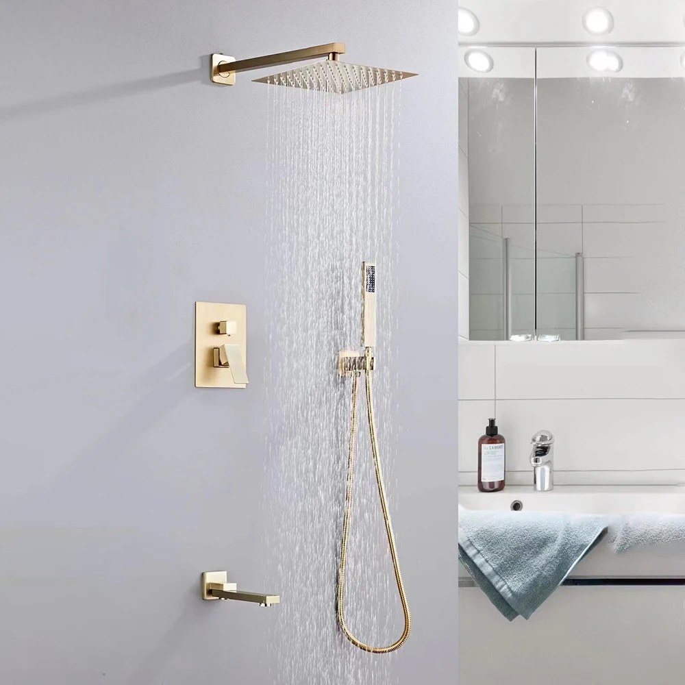 

Concealed Bathroom Rainfall Waterfall Shower System Set Bath 3 Modes Mixer Shower Full Set Brushed Gold 8/10/12 Inch Faucets Set