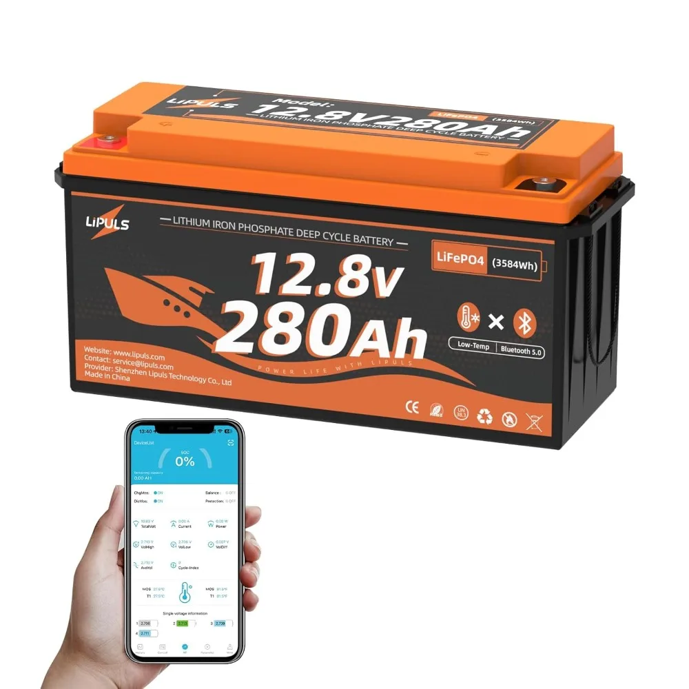 12.8V 280Ah LiFePO4 Battery, Bluetooth & Low Temp Cut-Off, 200A BMS, 3584Wh, 15000 Cycles, Trolling Motor, RV, Solar, Custom