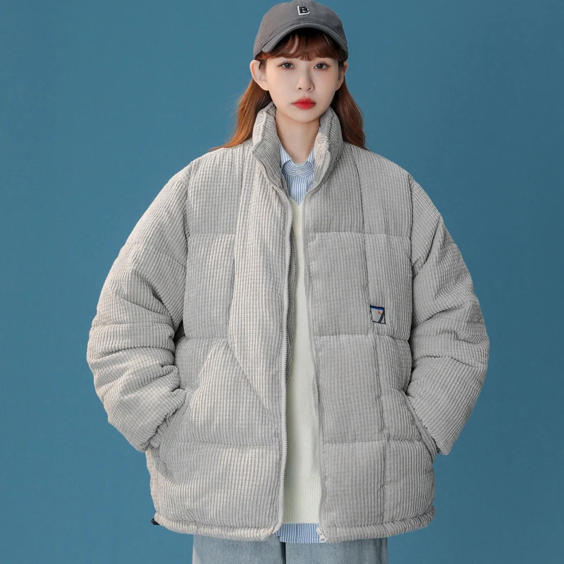 2022 winter new corduroy parka women's Korean style loose cotton coat women's plus size elegant stand collar Harajuku jacketcoat