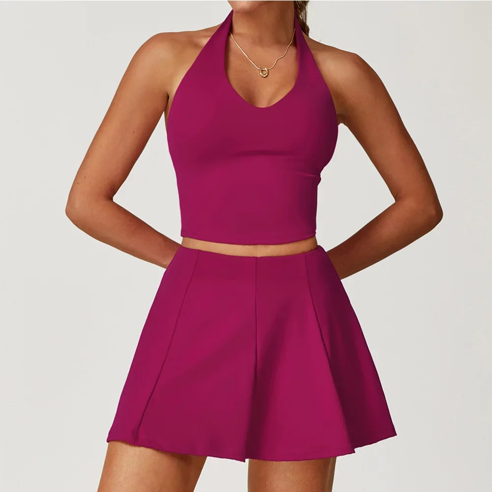 

Fitness Tracksuit Women Outfit Yoga Set Gym Clothes Halter Sports Bra Matching Impact Short Skirt 2PCS Workout Sets Sportswear