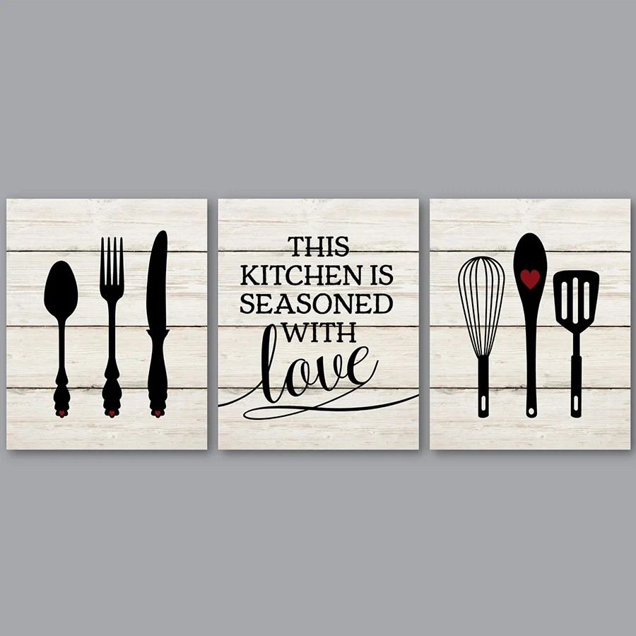 Abstract Wood Grain Black Knife and Fork Kitchen Poster and Print, Wall Art ,Canvas Painting for Living Home Decor, No Frame
