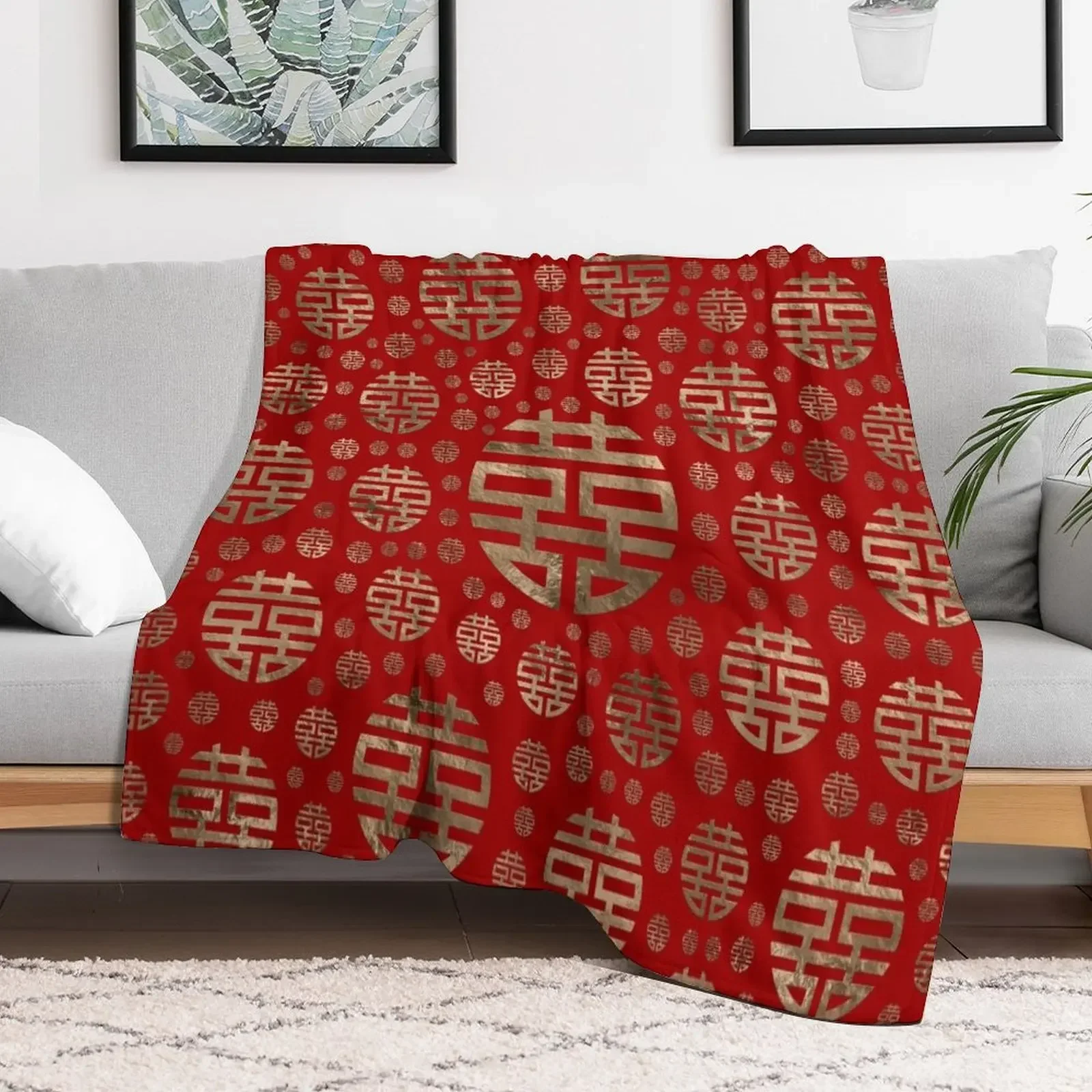 

Double Happiness Symbol pattern - Gold on red Throw Blanket Soft Beds Sofa Custom Warm Blankets Summer Winter beds Blankets