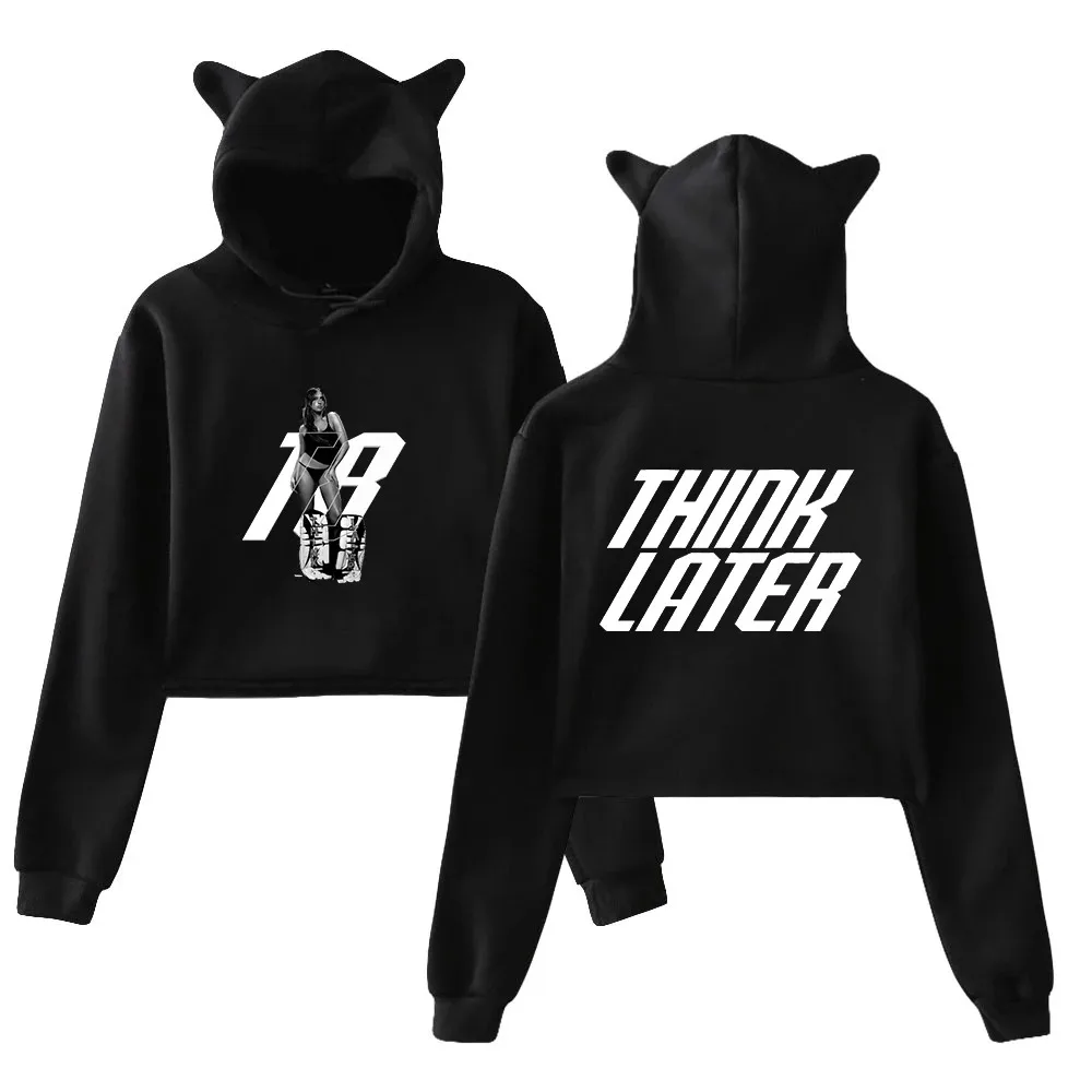 

Tate McRae Think Later Pullover 2024 Tour Merch Female Cat Ears Hoodie Long Sleeve Crop Top Streetwear Women's Clothes