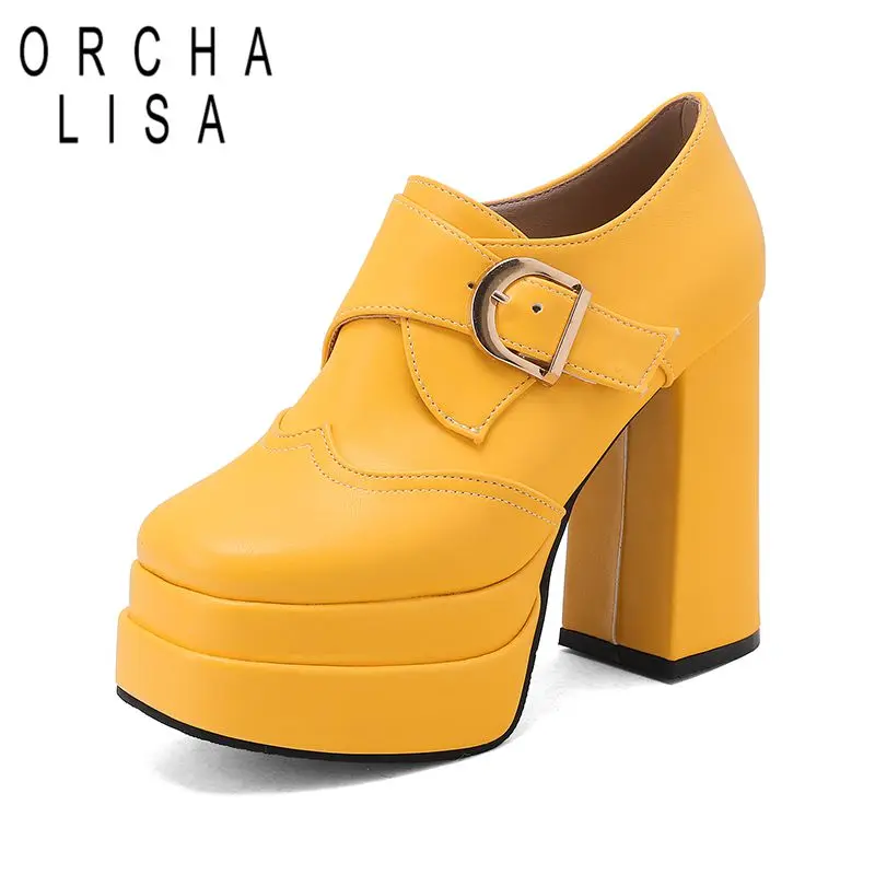 

ORCHA LISA Black Women Pumps Square Toe 12cm High Heel 5cm Double Platform Slip On Belt Buckle Plus Size 47 48 49 50 Sexy Shoes