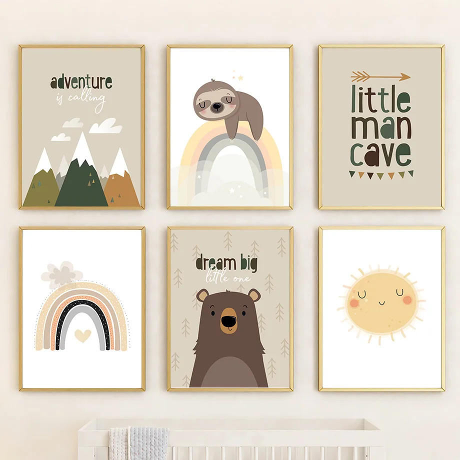 Dream Big Little One bear Sloth Sun Rainbow Nursery Wall Art Canvas Painting Poster Prints Pictures For Baby Kids Room Decor