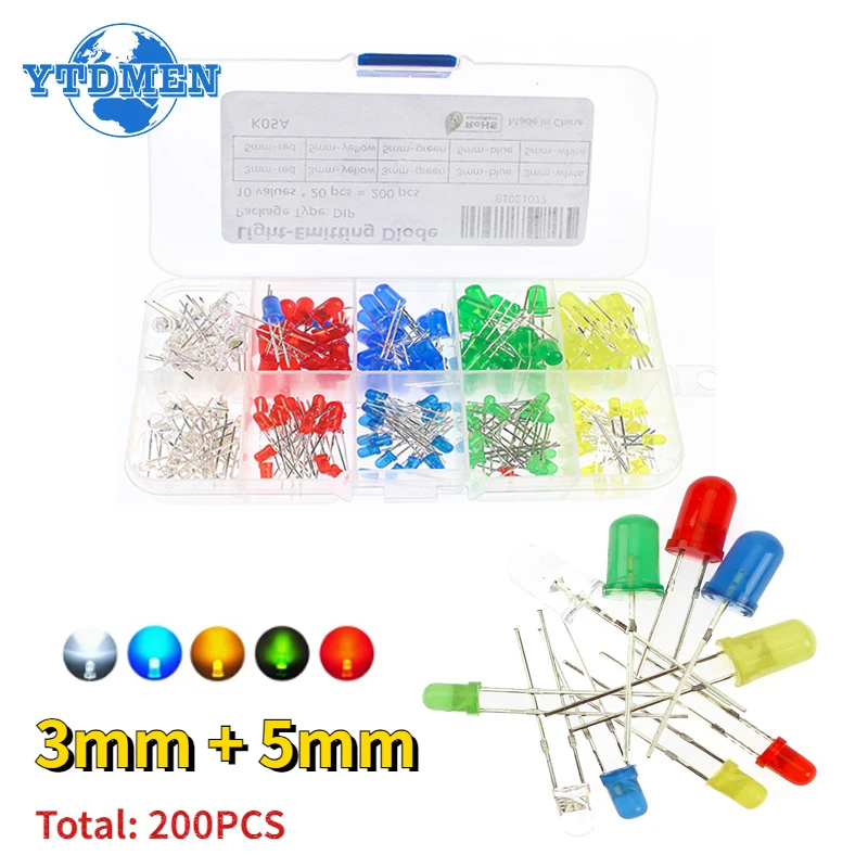 200pcs 5 Colors 3MM + 5MM Light Emitting Diode Electronic Kit Box F3 F5 LED Diode Various Kits White Green Red Blue Yellow DIY