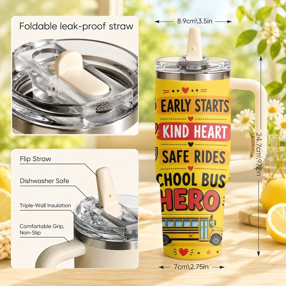 Best School Bus Driver Vacuum Flasks 40oz Stainless Steel Tumbler with Handle Straw Lid Vacuum Insulated Double Wall Leak Proof