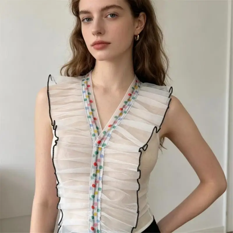 Sweets Styles Embroidery Mesh Scarf Fashionable Rainbow Pattern Sleeveless Shirt Tops For Cosplay And Daily Outfits 6XDA