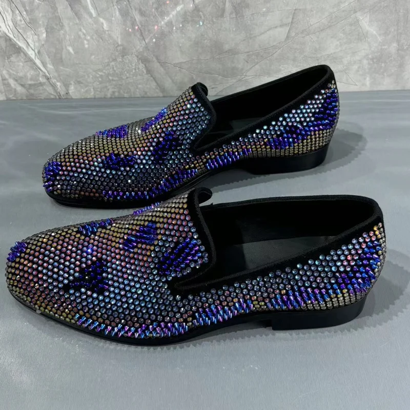 Newest Sparkled Rhinestone Loafers For Men Luxury Mens Rivet Shoes Slip On Dress Shoes Leather Party And Wedding Shoes