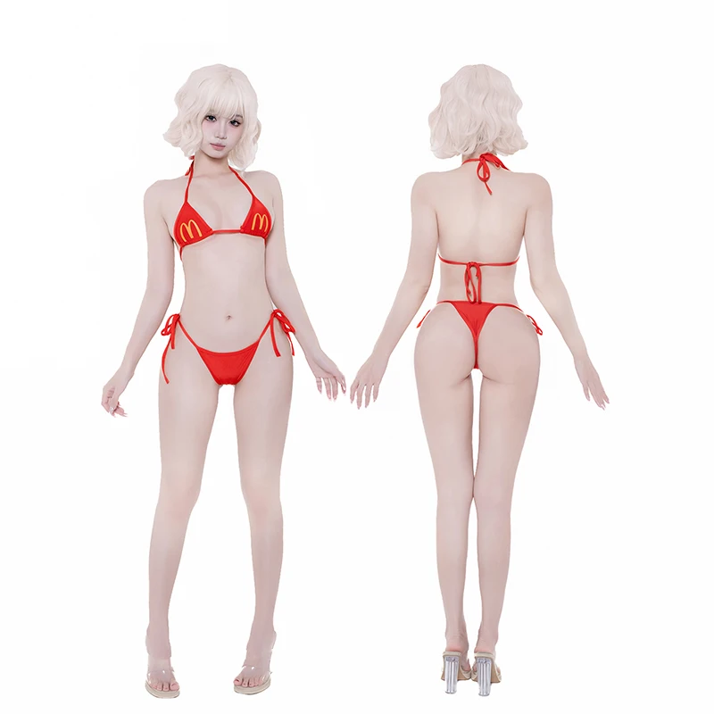 Hot Sexy Summer Women's Gold Arch M Mark Bralette Bikini Set Anime Sexy Cosplay Lingerie Backless Lace-Up Reggiseno Perizoma Biancheria Intima