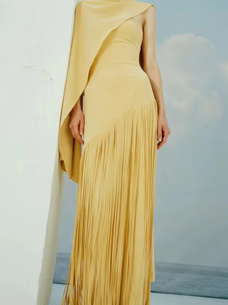 

Модное длинное платье с высокой талией и драпировкой 2026 года, элегантное вечернее платье для женщин с бахромой и вставками, сексуальное платье без бретелек с накидкой, однотонное.