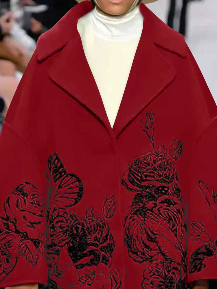 

Повседневная свободная женская простая верхняя одежда, винтажное пальто с лацканами с цветочным принтом, элегантное однобортное шерстяное пальто с длинными рукавами